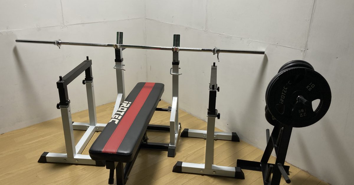 iROTEC アイロテック ベンチプレスセット セーフティー付 シャフト2000mm 10kg×2枚 5kg×4枚 プレートツリー付