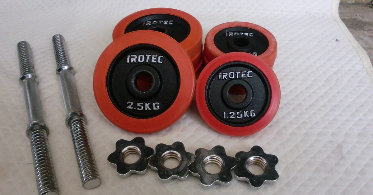 ダンベル iROTEC アイロテック 28mm ラバープレート 2.5kg×4枚 1.25kg4枚 シャフト 2本 カラー 4個 約20kg×2台 セット