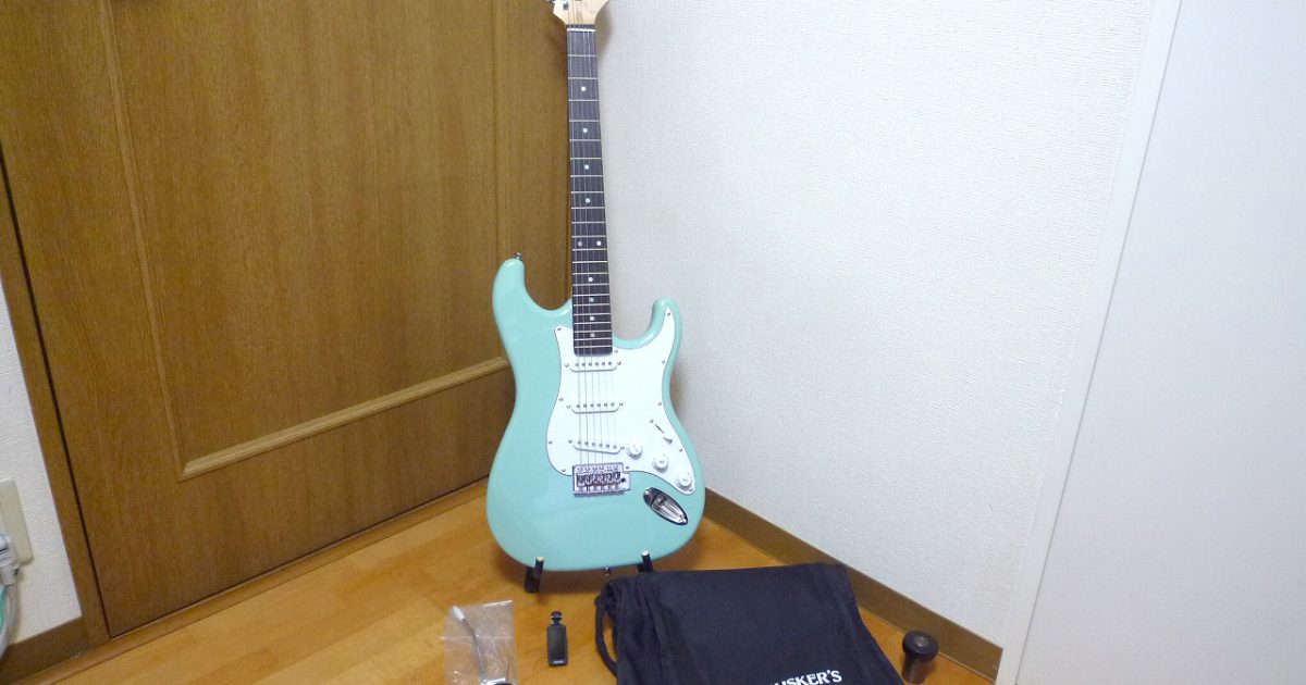 エレキギター BUSKERS BST-STD SBU バスカーズ ストラトキャスター 緑 白 グリーン ホワイト ケース ストラップ付属