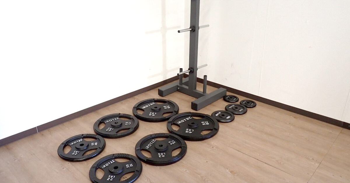 バーベルプレート iROTEC アイロテック ダンベル 20kg×2枚 15kg×2枚 10kg×2枚 5kg×2枚 2.5kg×2枚 レギュラープレートラックHPM 28mm