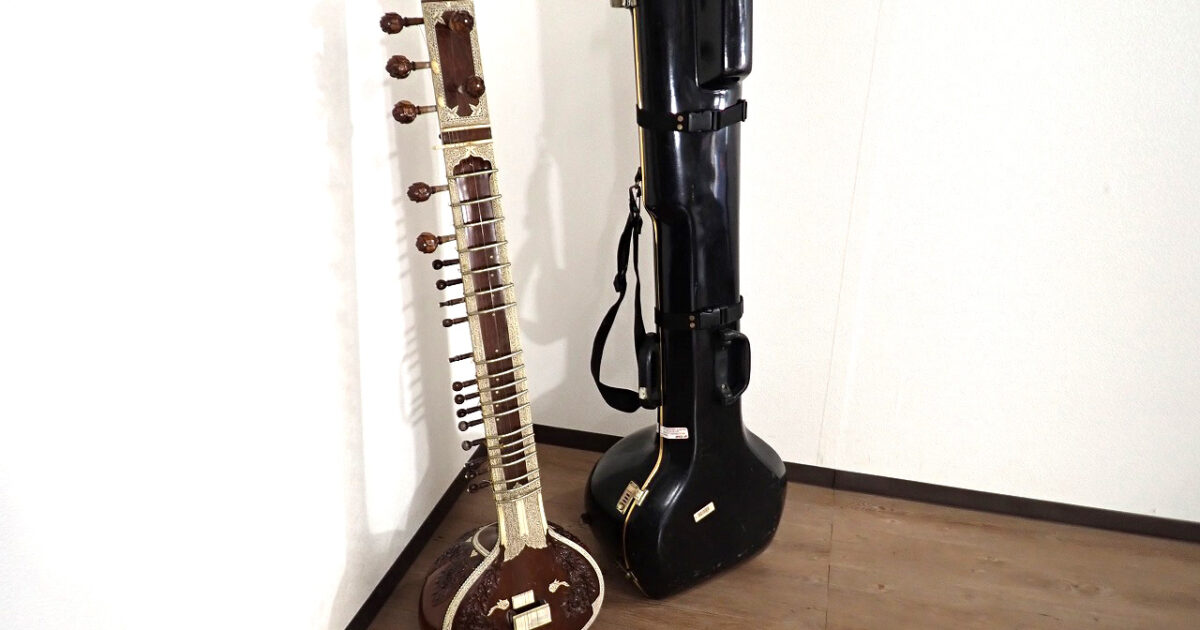シタール Sitar 木彫り 弦楽器 インド楽器 民族楽器 ハードケース付き 長さ122cm アンティーク 伝統工芸 木製装飾 ヴィンテージ