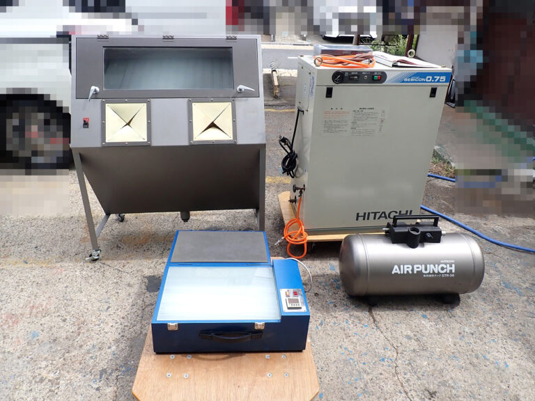 サンドブラスター一式 HITACHI PB-0.75PSC5 STR-38 日立 空気タンク 小型空気圧縮機 OLYMPOS エアブラシ 紫外線露光機 製版機